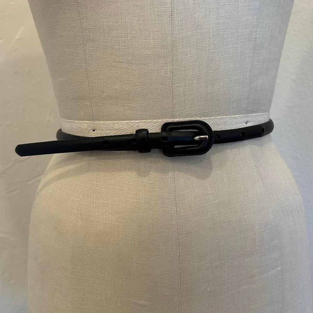 Black Minimal Slim Belt Faux Leather Classic Silver Chunky Buckle
